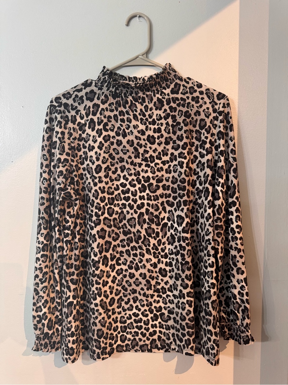 Anne Klein Metallic Silver Animal Leopard Print Smocked Mock Neck Blouse Top